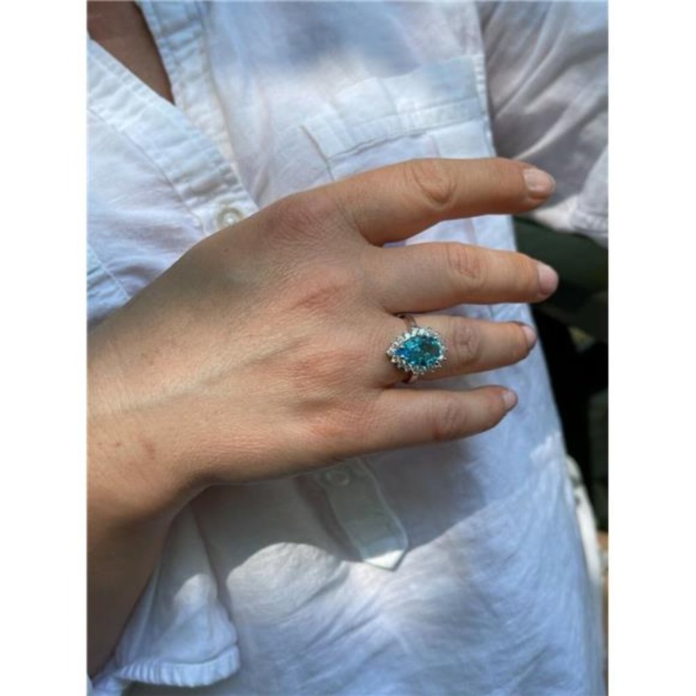 Solid 925 Sterling Silver Pear Shaped Blue Aquamarine CZ Cocktail Ring